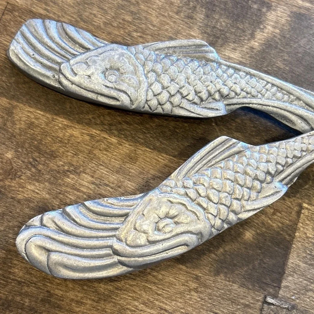 Vintage Hand-Cast Pewter Koi Fish Salad Serving Set - Artisan C.16 Pattern 11.5